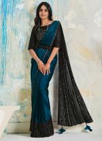 Sattin Silk Crepe Teal Wedding Wear Mirror Work Ready To Wear Saree